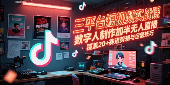 三平台短视频实战课，数字人制作加半无人直播，覆盖20+赛道剪辑与运营技巧-优优云网创
